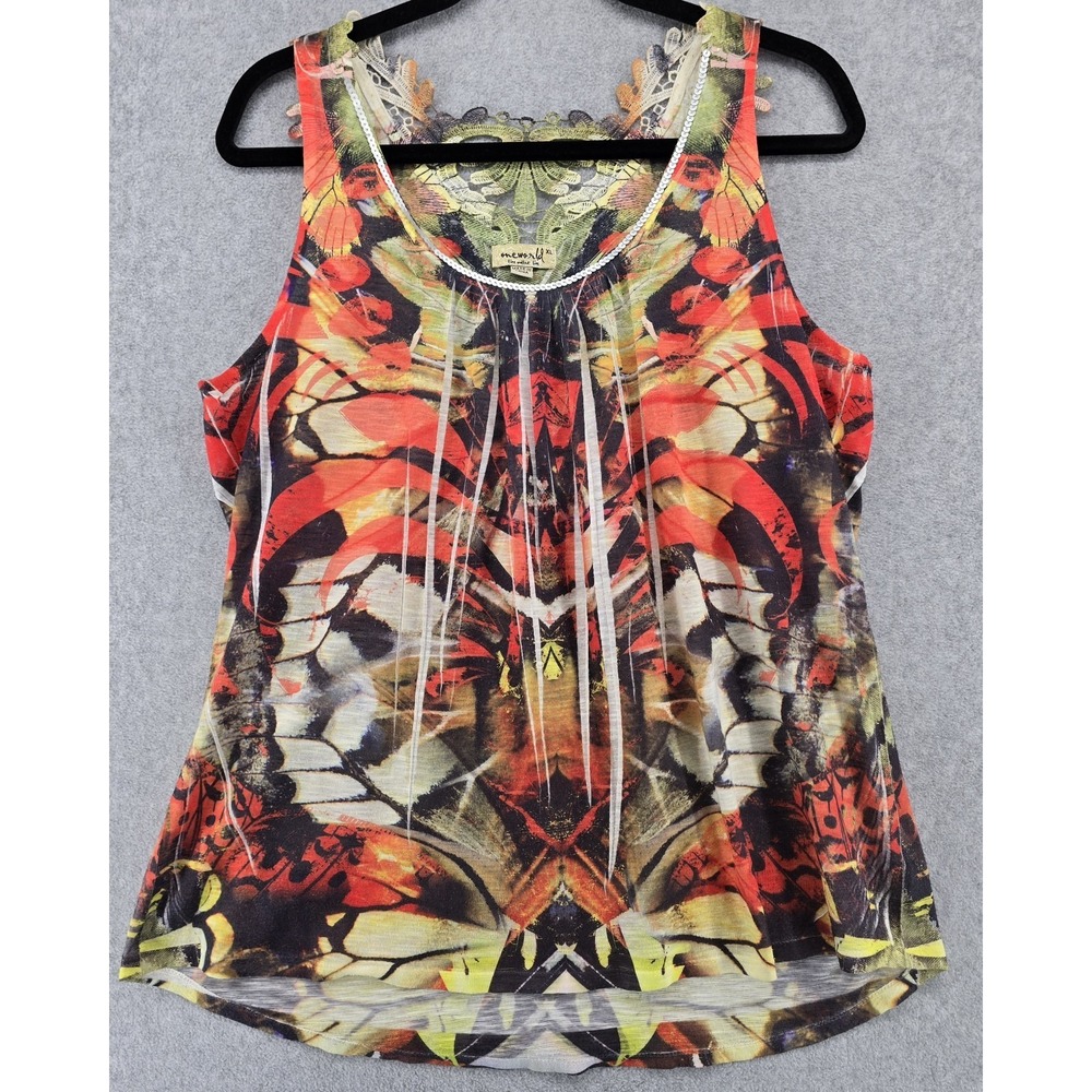 Vtg One World Y2K Women's Butterfly Whimsical Tank Top Sz XL Lace Indie Boho